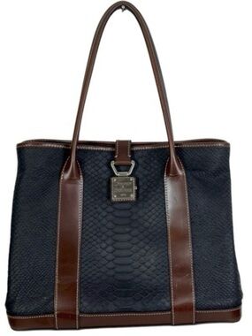 Dooney & Bourke Black Python Embossed Leather Brown Trim Tote Bag